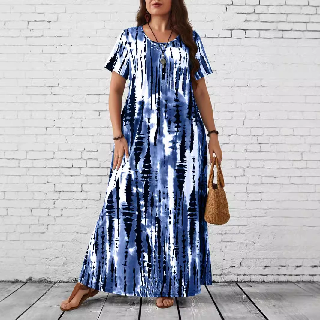 Летнее платье макси, европейский стиль, круглый вырез, plus‑size 1XL–5XL