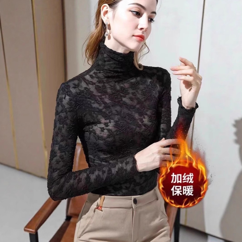 Lace Bottoming Shirt for Women 2025 New Autumn and Winter Inner Long-Sleeved T-Shirt Half Turtleneck Mesh Top Fleece-Lined and Thickeneded