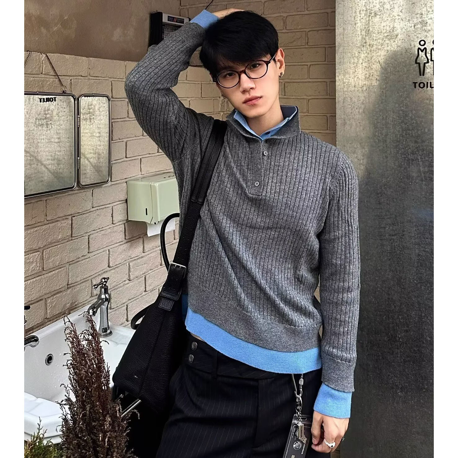 Falsas dos piezas de collar henry jersey suéter hombre viejo estilo de alto sentido de otoño invierno suéter fábrica transfronteriza al por mayor