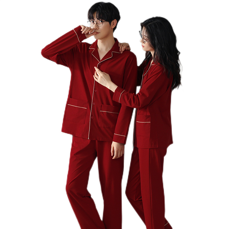 YISHUBEI 빨간 잠옷, 웨딩 커플 가정복, 가디건 긴팔 남성 가을 순면 고급 여성 잠옷