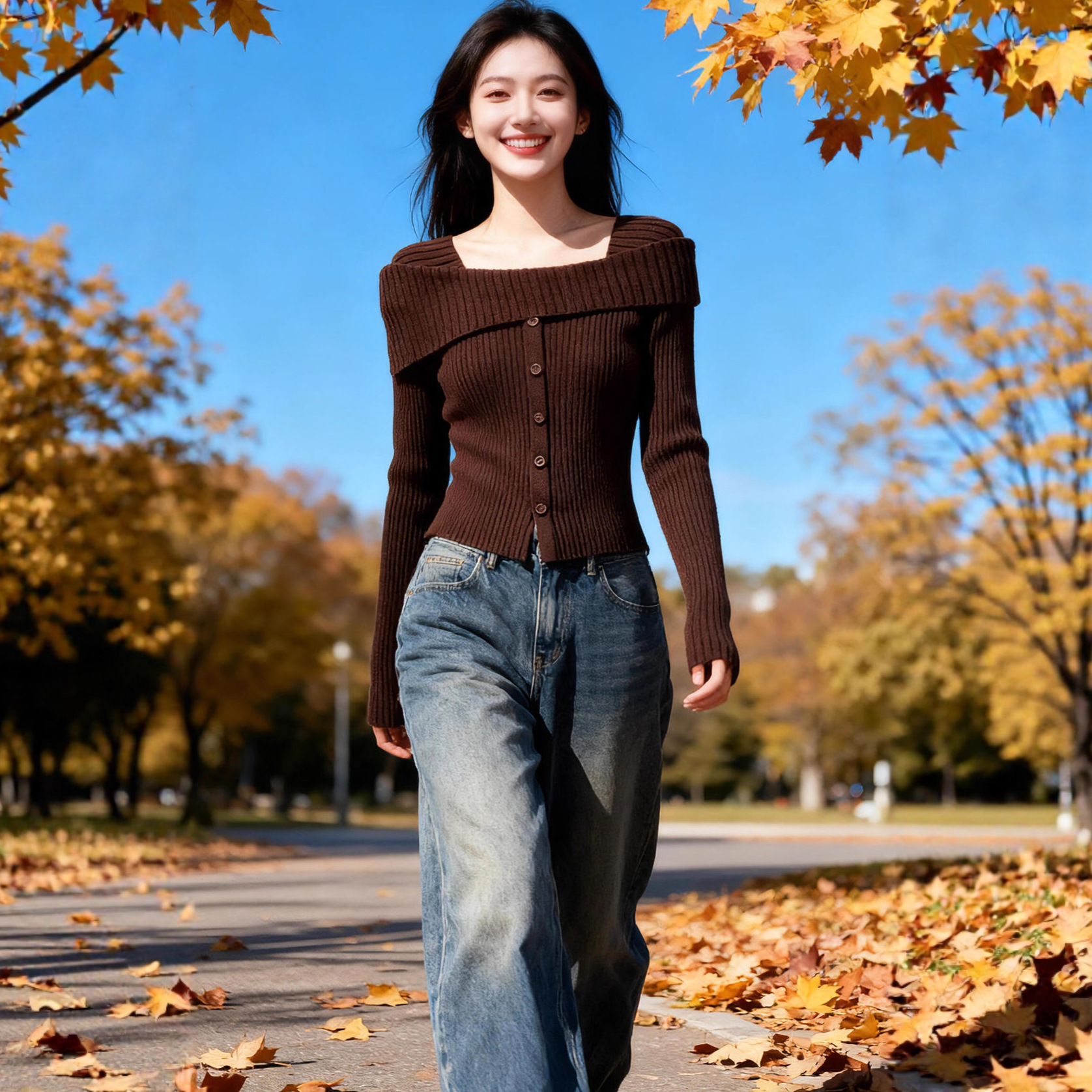 法式气质方领单排扣修身设计感小众毛衣女甜欲淑女一字肩针织衫