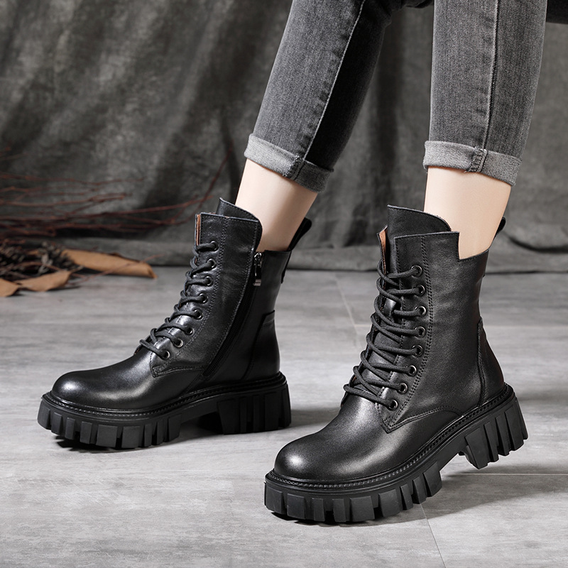 旅途 马丁靴2021年新款英伦风女靴秋冬单靴头层牛皮厚底短靴女|ms