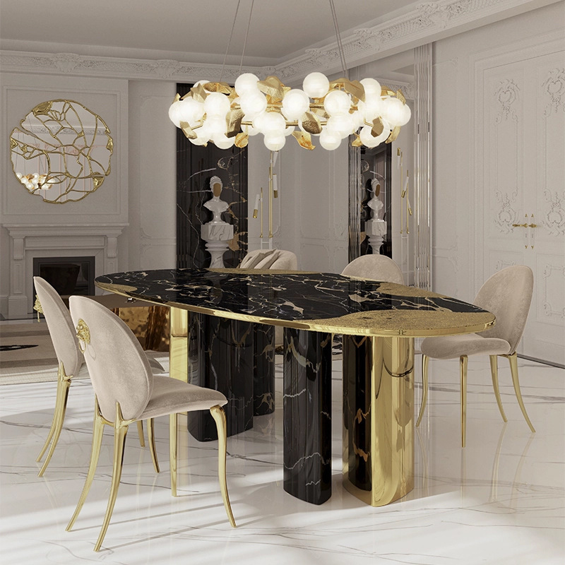 Portuguese Light Luxury Marble Dining Table Luxury Mansion Villa Restaurant Home Dining Table Stainless Steel Dining Table Portuguese Light Luxury Marble Dining Table Luxury Mansion Villa Restaurant Home Dining Table Stainless Steel Dining Table