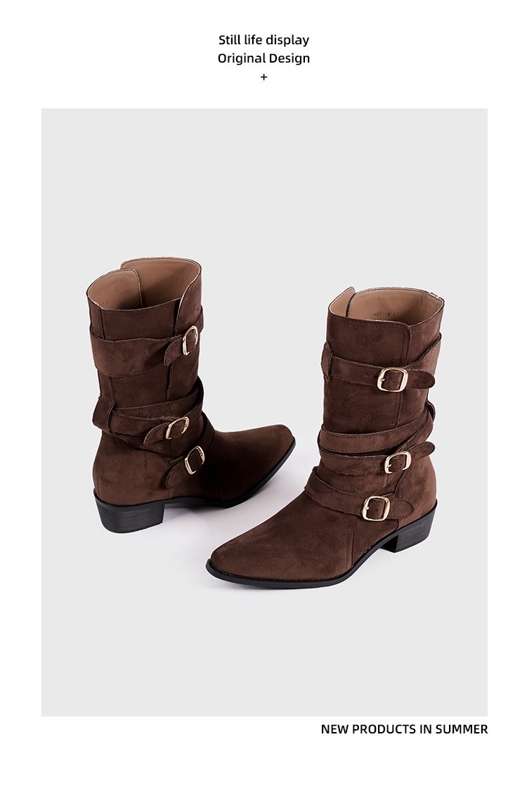 Spetsiga Knight-stövlar för kvinnor Hösten 2024 nya brittiska stövlar med spänne i västerländsk stil, mellanhöga Martens-stövlar för kvinnor_voghion.com