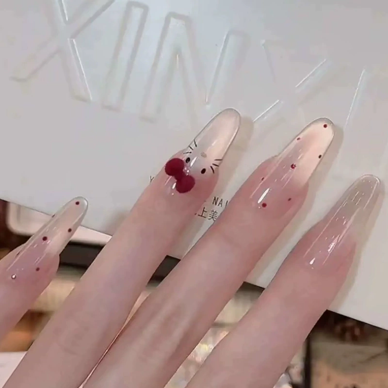 Популярные носимые ногти Xiaohongshu, красные бархатные ногти в горошек KT, маникюр кошачьего глаза, доступные роскошные сладкие накладки для ногтей