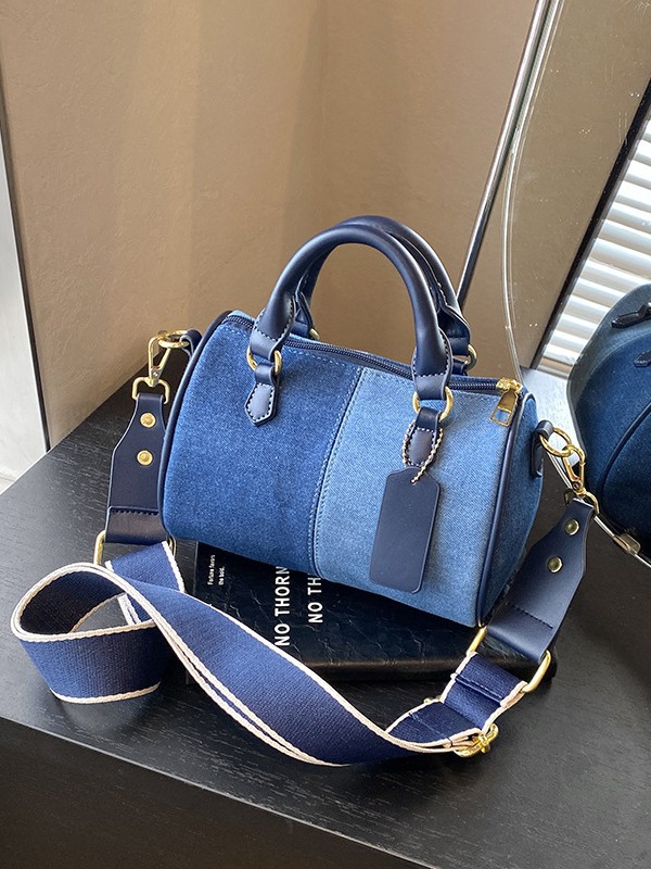 Bolso de Boston para mujeres de comercio exterior nuevo denim color contrastante empalme bolso de almohada de mano alta sensación de hombro mochila