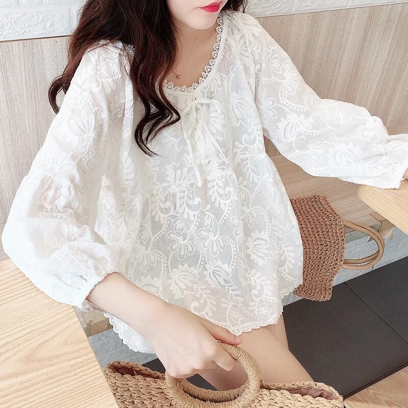 Babydoll Shirt Top for Spring and Summer, Korean Style, Sweet and Stylish, with Lace-Up Lantern Sleeves, Embroidered Shirt for Women, Three-Quarter Sleeve Style Babydoll Shirt Top for Spring and Summer, Korean Style, Sweet and Stylish, with Lace-Up Lantern Sleeves, Embroidered Shirt for Women, Three-Quarter Sleeve Style