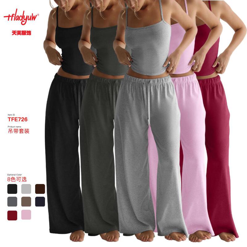 2026 Summer Amazon Cross-Border European and American Style Tank Top Crop Top Casual Wide-Leg Pants Lazy Style Set for Women