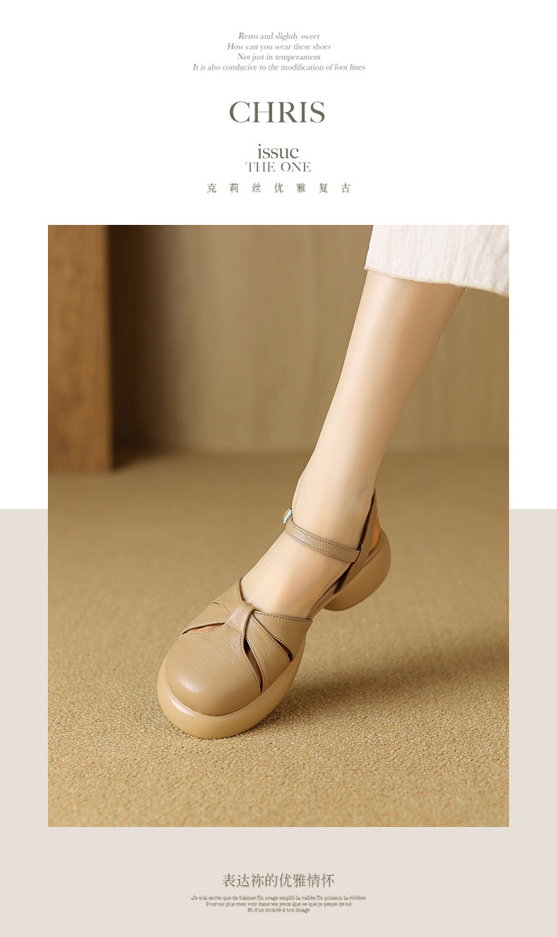 Sandal nữ bít mũi quai ngang da cừu đế dày — Màu trắng be chi tiết 7