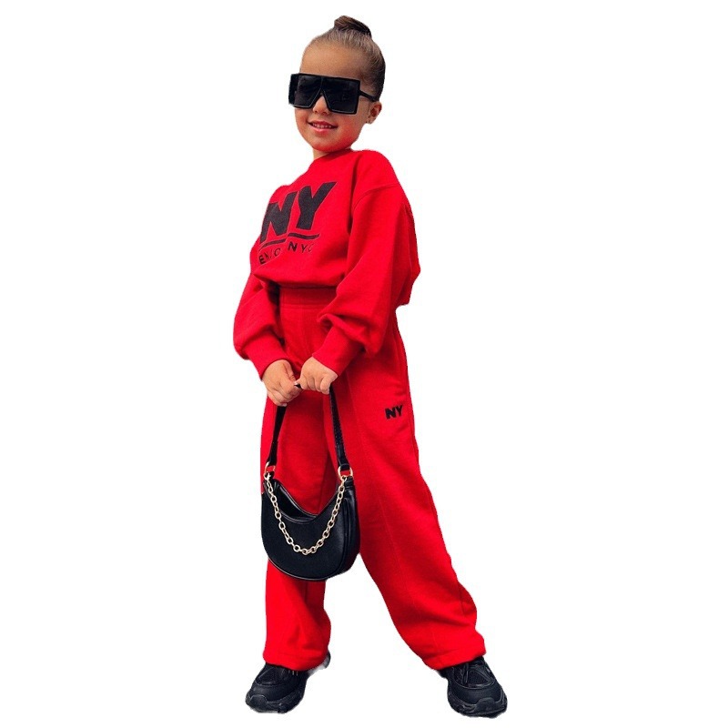 Bērnu apģērbu 2023 rudens/ziemas džemperis burtu sporta platu bikšu komplekts_voghion.com