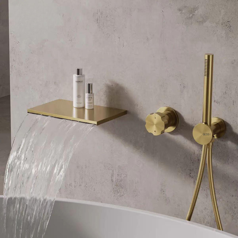 Italian Original Brand In-Wall Bathtub with Concealed Hot and Cold Water Tank, Side Waterfall Feature, Countertop Faucet, Brushed Nickel