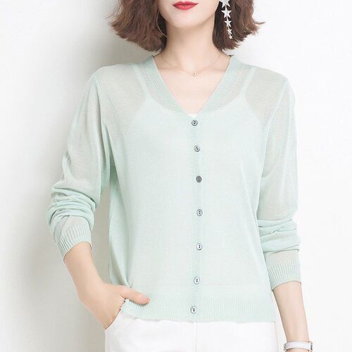 Ladies' Summer Thin Knit Cardigan Solid Color Linen-Like Ice Silk Top Coat