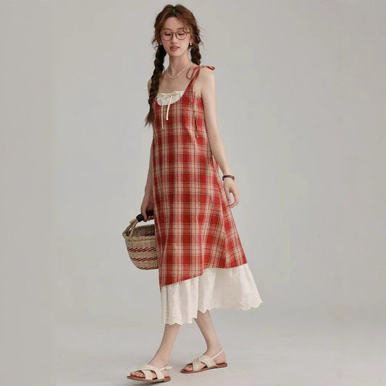 [Original Fabric] Super Good-looking Slim Fake Two-piece Red Plaid Slip Skirt Women's Summer Loose Small dress