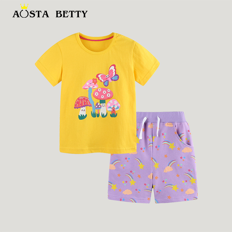 Verano nuevo traje para niños estilo europeo y americano moda niña traje de manga corta de algodón de punto traje de pantalones para niños cabello de una pieza