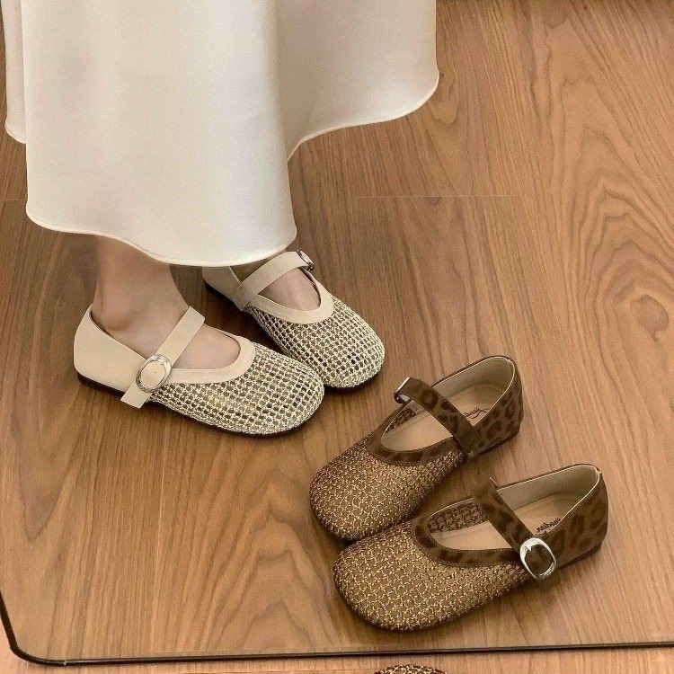 Retro mosaico trenzado Mary Zhen zapatos para mujeres 2026 nuevo con falda plana hueco sandalias de red de pesca transpirables