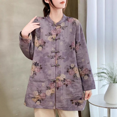 古咖服饰秋季新款印花棉质开衫中国风短外套禅意茶服宽松圆领衬衣