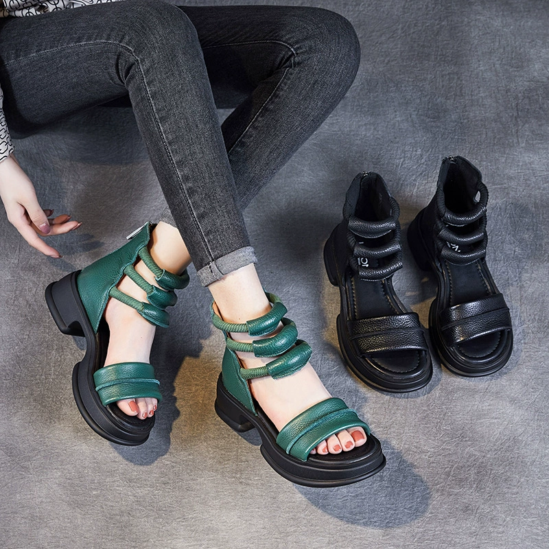 Summer leather sandals, high slide, slippers, beach footwear, 2023, cowhide