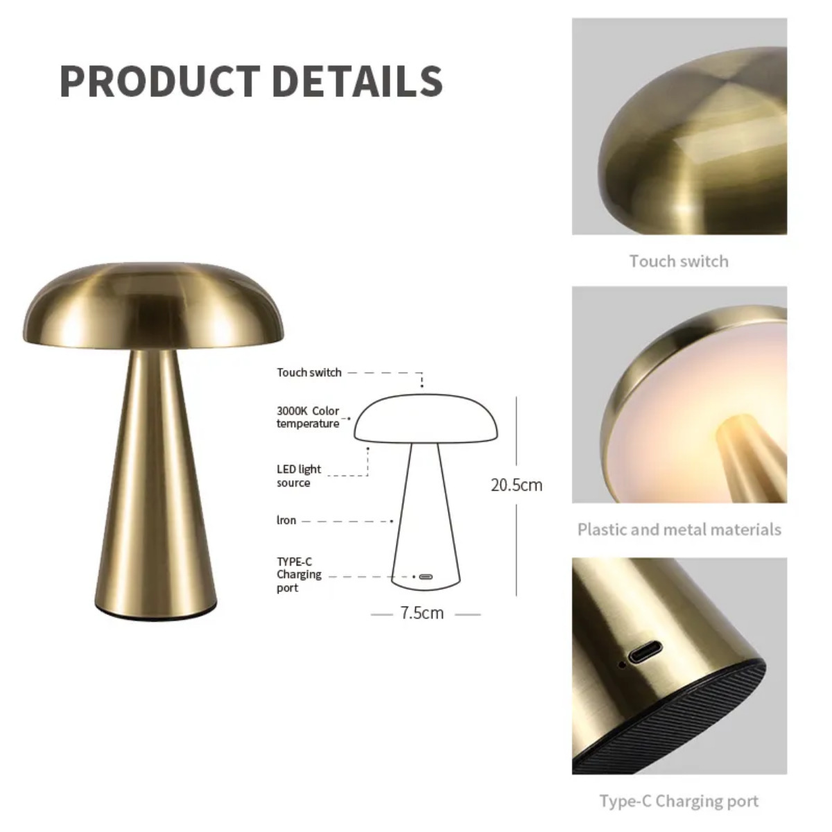 Lámpara de escritorio de hongo de metal transfronterizo nórdica retro retro USB recargable café cabezal de cama toque lámpara de escritorio decorativa