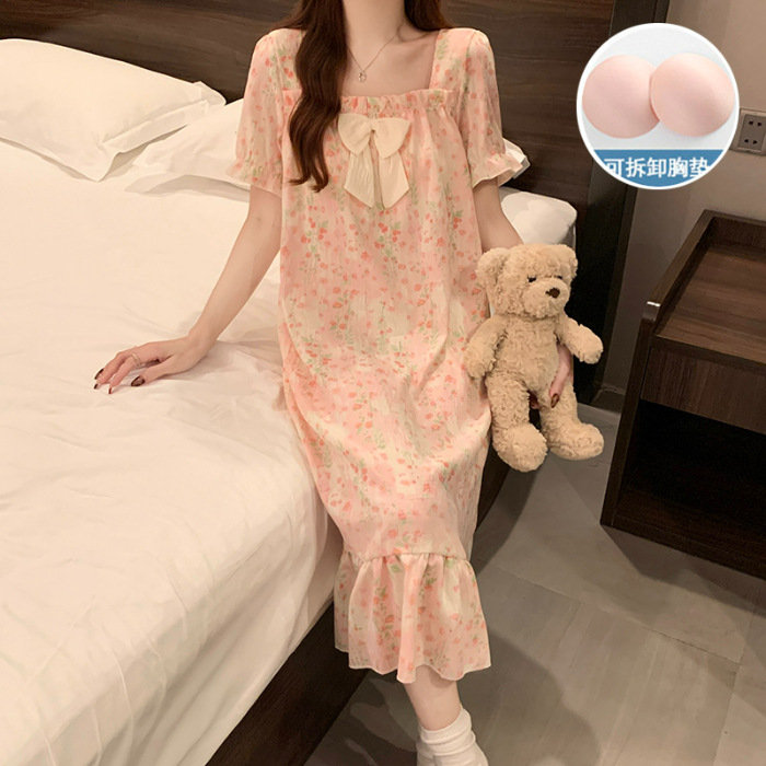 2025 verano nuevo hogar ropa de mangas cortas pijama de niñas cuello cuadrado de encaje dulce nube de algodón cojín de pecho pijama