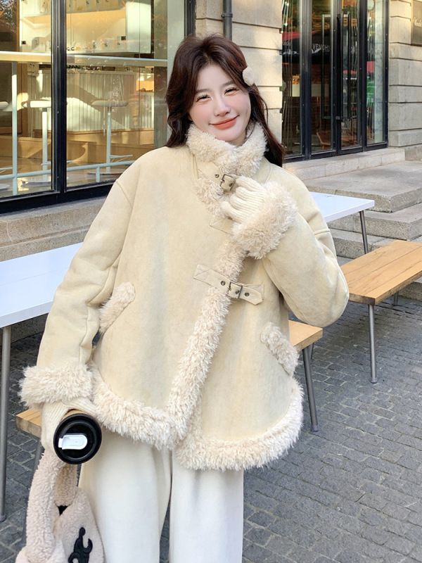 卡其色麂皮绒皮毛一体羊羔毛棉服外套女冬季设计感加绒加厚超好看|undefined