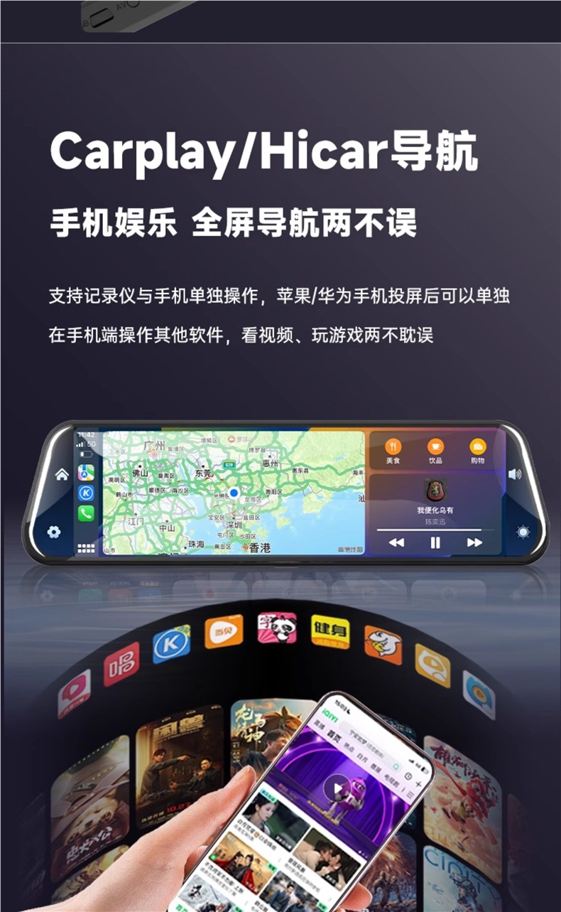 4K High-Definition Streaming Rearview Mirror Dash Cam 2026 New Model with Dual Front and Rear Cameras Compatible with Carplay Huawei