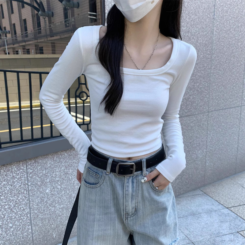 Square Neck Collarbone Right Shoulder Long Sleeve White T-Shirt for Women Autumn and Winter Pure Desire Sexy Slim Inner Layering Shirt Short Top Square Neck Collarbone Right Shoulder Long Sleeve White T-Shirt for Women Autumn and Winter Pure Desire Sexy Slim Inner Layering Shirt Short Top
