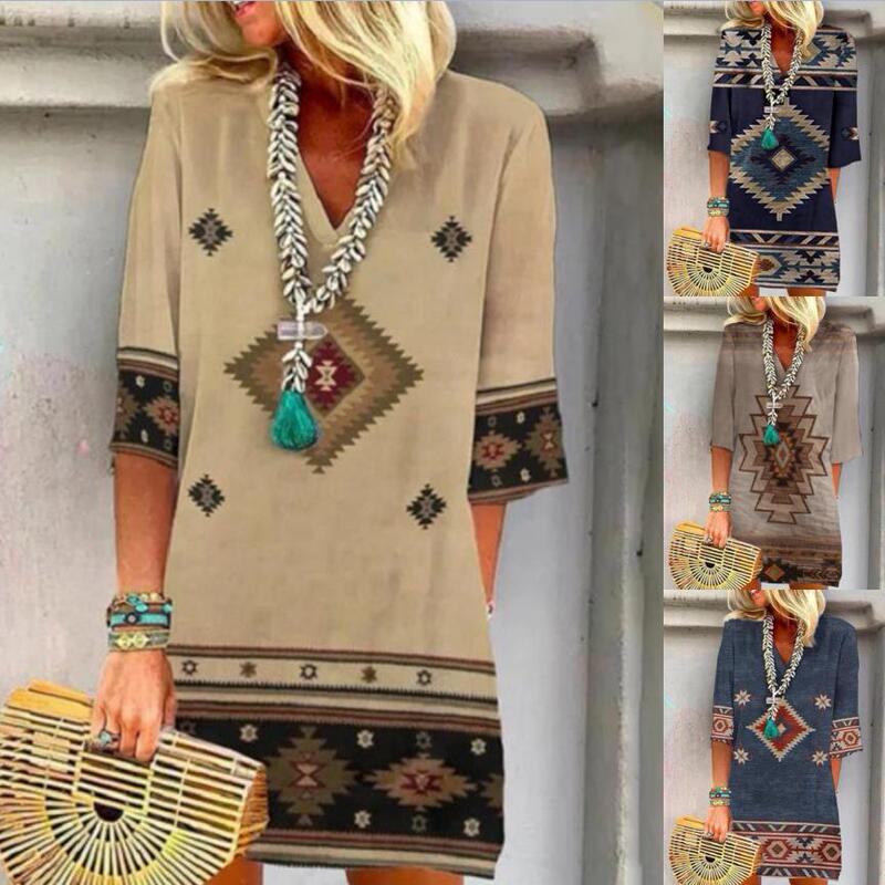 2023 New Spring and Summer Ebay Amazon Wish Loose V Neck Print Western Ethnic Style Short Sleeve Dress Women's Clothing