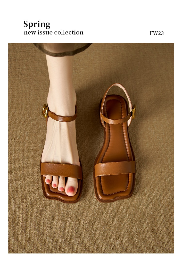 Sandal quai ngang hở mũi vuông đế bệt khóa đơn giản cỡ lớn 34–43 — Màu nâu chi tiết 9