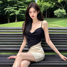 WBX4716御姐风撞色拼接吊带连衣裙女设计感名媛高级洋气绝美礼服