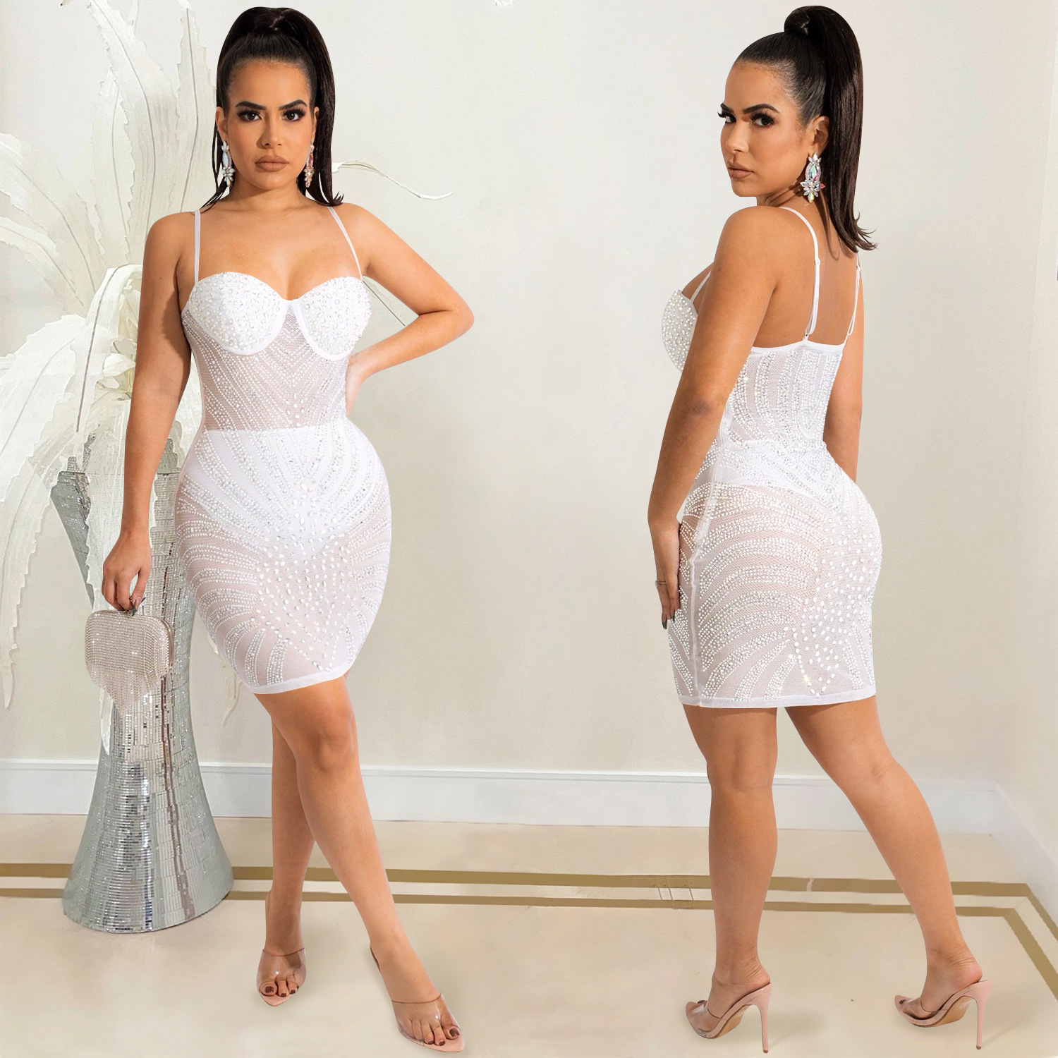 X5650 transfronteriza AliExpress moda nuevo rhinestone malla transparente sexy sling sin mangas vestido de midi vestido de las mujeres