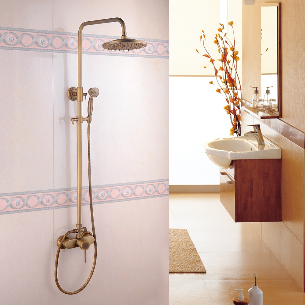 Juego de ducha de estilo retro de lujo europeo explosivo transfronterizo, ducha antigua de cobre, grifo de válvula mezcladora de agua fría y caliente, baño