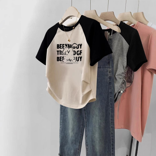 Unstructured Shoulder-Sleeve Short-Sleeve T-shirt for Women 2025 Early Spring Square Shoulder Summer Short Length Waist-Cutting Design Frock