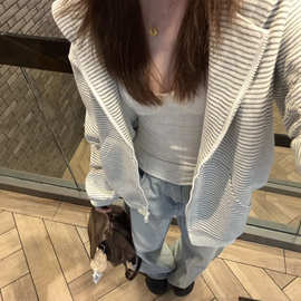 2026新款韩系条纹连帽卫衣短外套女春秋宽松慵懒风上衣