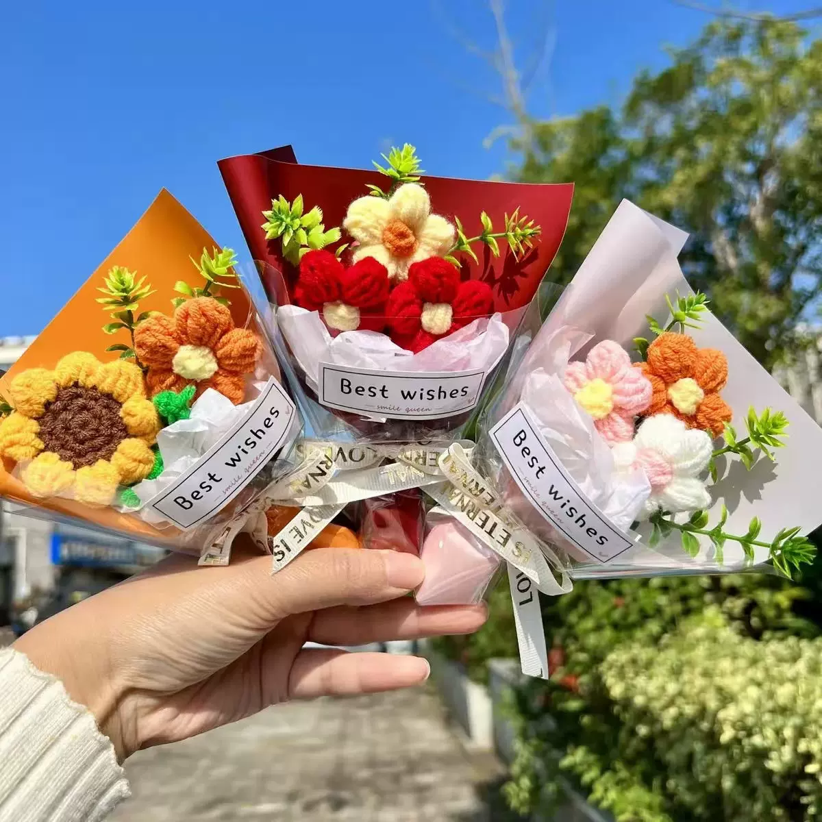 手工毛线针织编织玫瑰永生花仿真花束成品送老师教师节七夕情人女