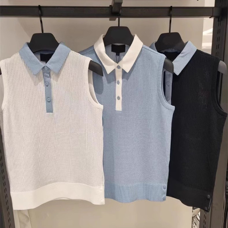 Golf sleeveless knitted vest 2024 summer new polo collar mesh breathable top women Golf sleeveless knitted vest 2024 summer new polo collar mesh breathable top women