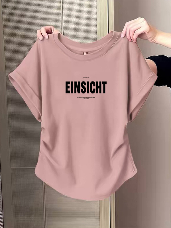 デザインされた小さなフライングスリーブ右肩ピュアコットン半袖Tシャツ女性用2025夏の新しい不規則なプリーツウエストトップ|undefined