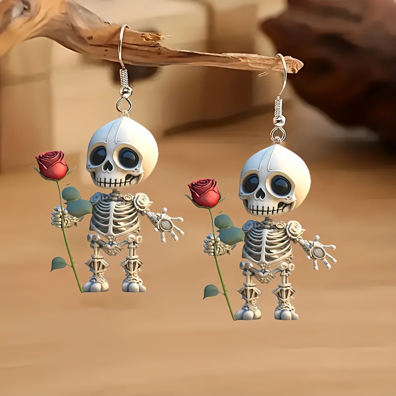 Halloween Cute Acrylic Skull and Rose 2D Earrings Lightweight and Durable Charm Suitable for Anniversary