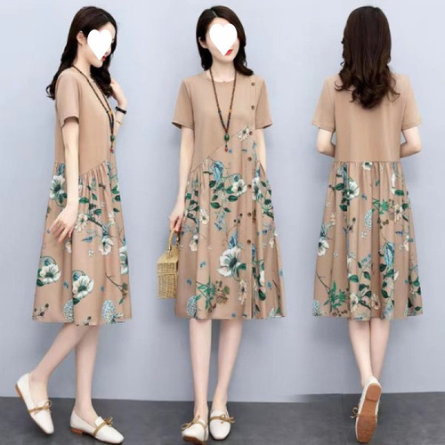 2025 short-sleeved dress, women's summer retro print, fat, skin-covering, loose casual mid-long line dress