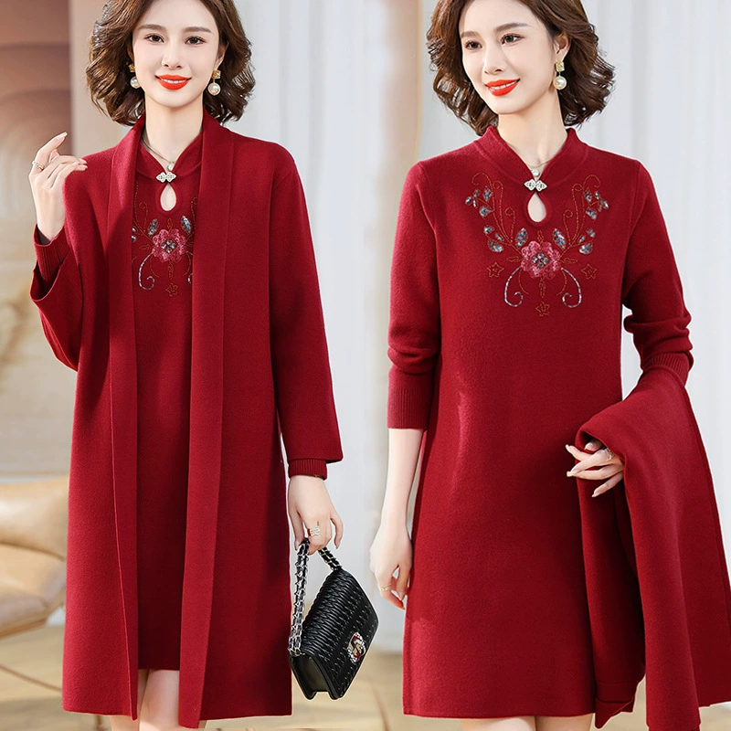 Свадебное платье для матери Весна и осень Пальто Си Тевушка Свадебное платье Куо Жена Чонсам Осенне-зимнее платье Комплект из двух предметов