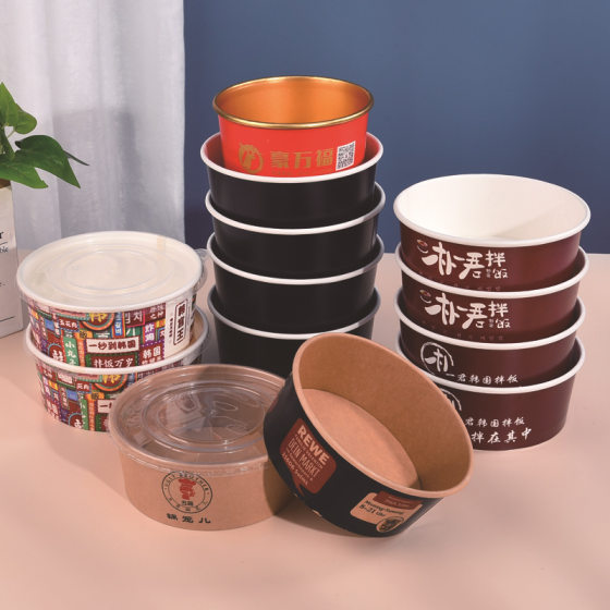 Paper Bowl Disposable Soup Bowl Hamburger Chicken Wings Packing Bowl Printed Candied Snack Packaging Paper Bowl with Lid