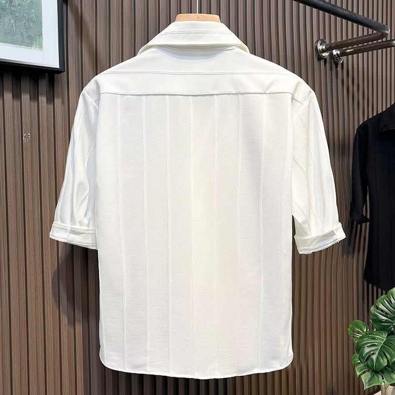 Camicia a maniche corte a righe premium da uomo – Top casual traspirante in misto seta antipiega per stilisti e professionisti urbani (nero/bianco)_voghion.com