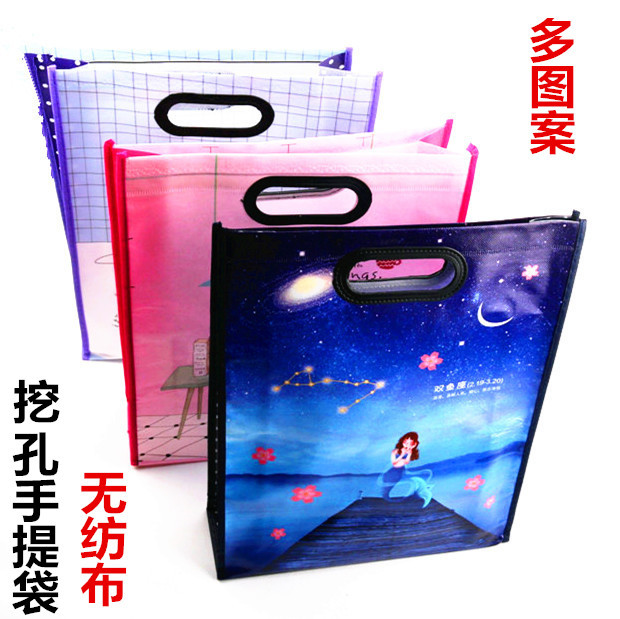 批发多图案无纺布学生补习袋卡通彩印平口挖孔手提袋文具收纳袋