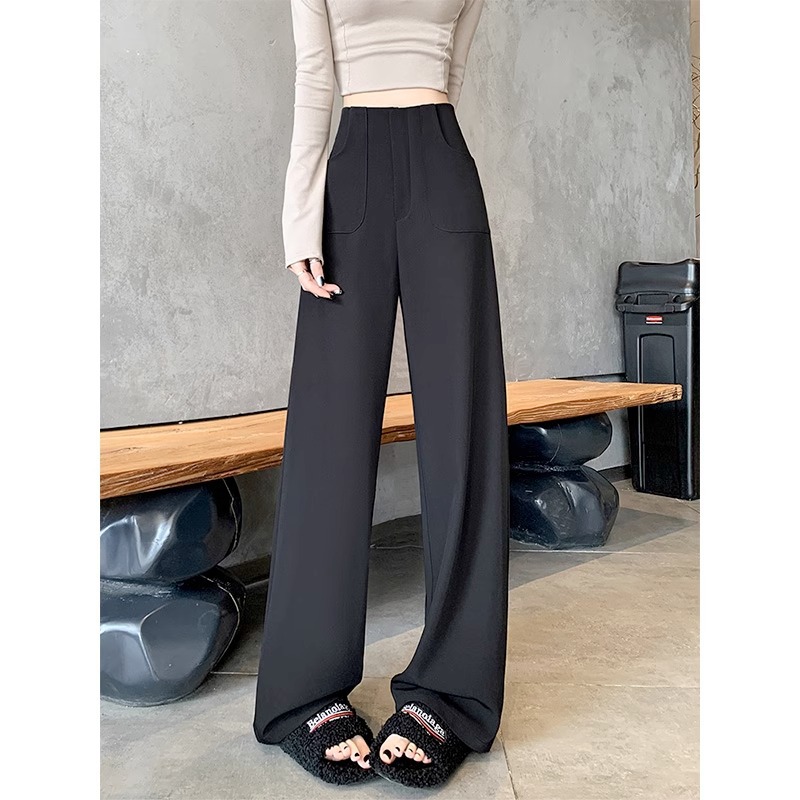 Pantalones de piernas anchas grises para mujeres 2025 primavera nueva cintura alta relajada relajada pantalones casuales rectos pantalones de traje estrechos