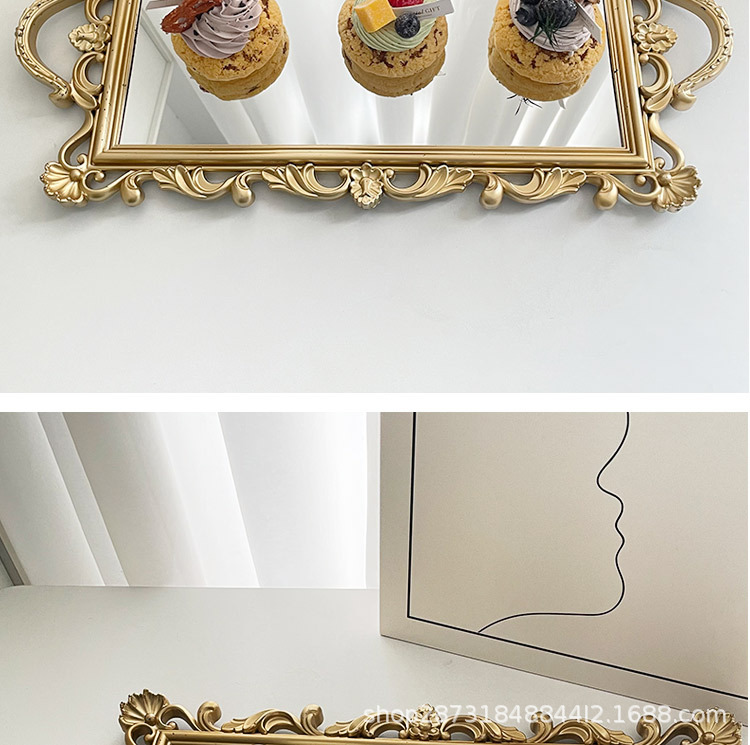 北欧轻奢复古金色收纳托盘方形蛋糕盘玻璃镜面置物盘拍