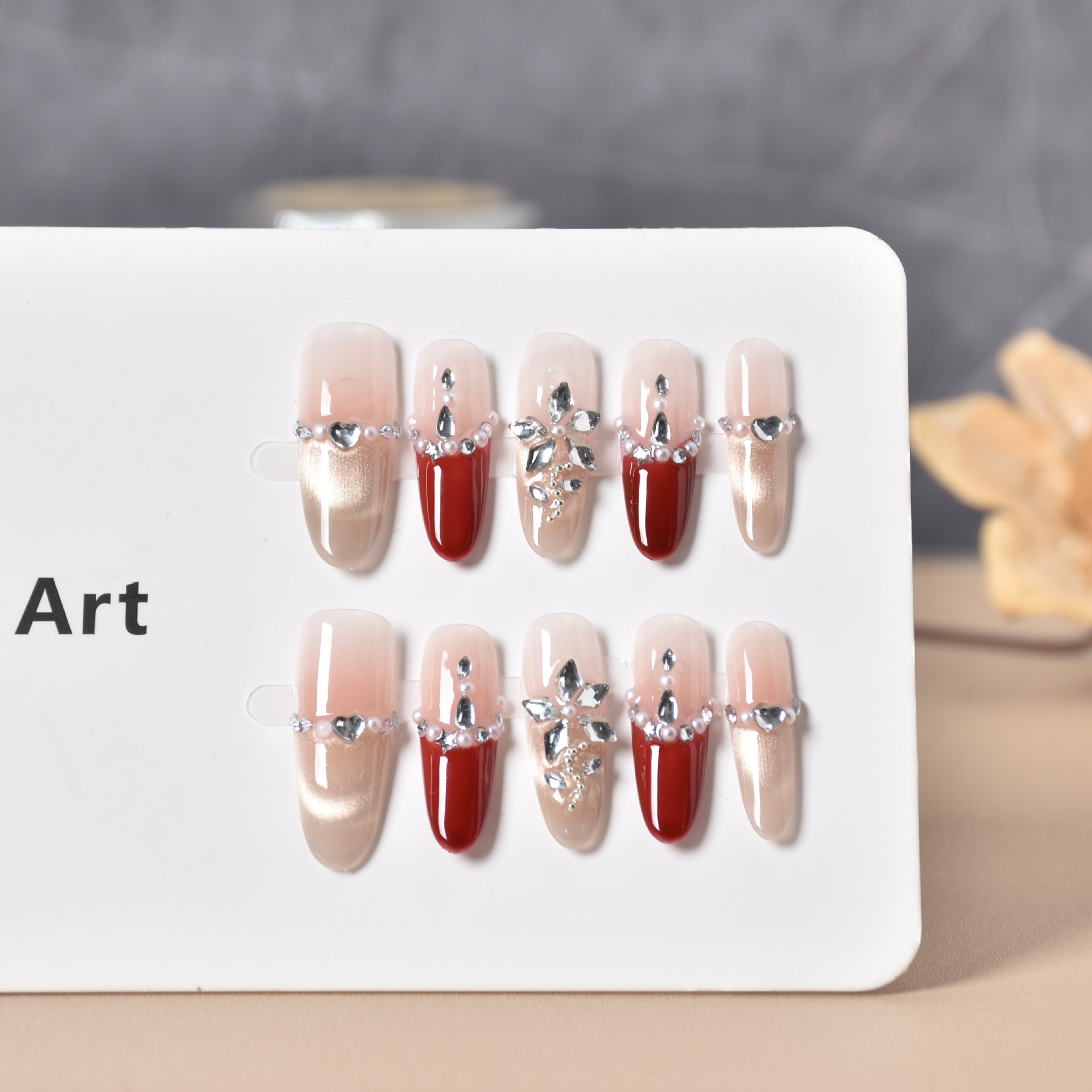 Uña falsa hecha a mano pura, uñas falsas al por mayor, parches de uñas rojos de Año Nuevo, productos terminados de manicura francesa