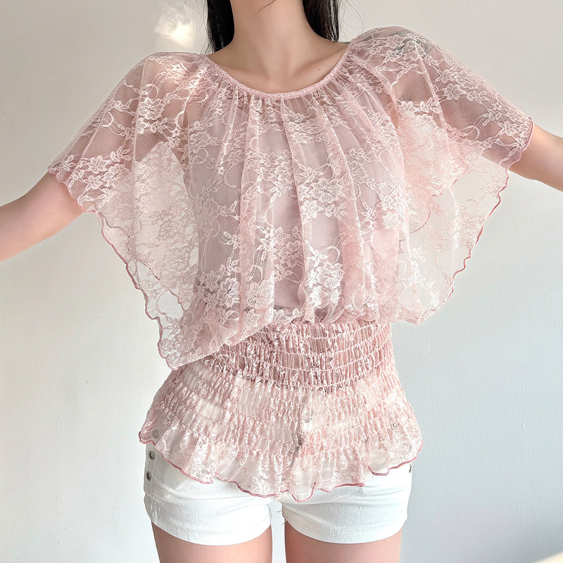 Sweet Girly Lace Patchwork Round Neck Cinched Waist T-Shirt for Women, Solid Color Slightly Sheer Waist-Cinching Ruffled Slim-Fit Top Sweet Girly Lace Patchwork Round Neck Cinched Waist T-Shirt for Women, Solid Color Slightly Sheer Waist-Cinching Ruffled Slim-Fit Top