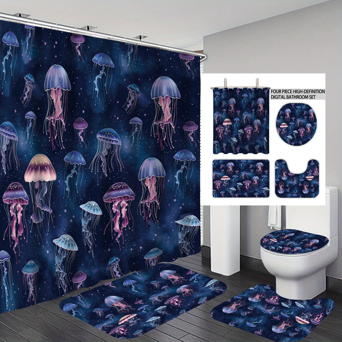 Temu cortina de baño impermeable personalizada serie de elementos marinos 3D impresión poliéster cortina de baño de cuatro piezas fábrica image 30