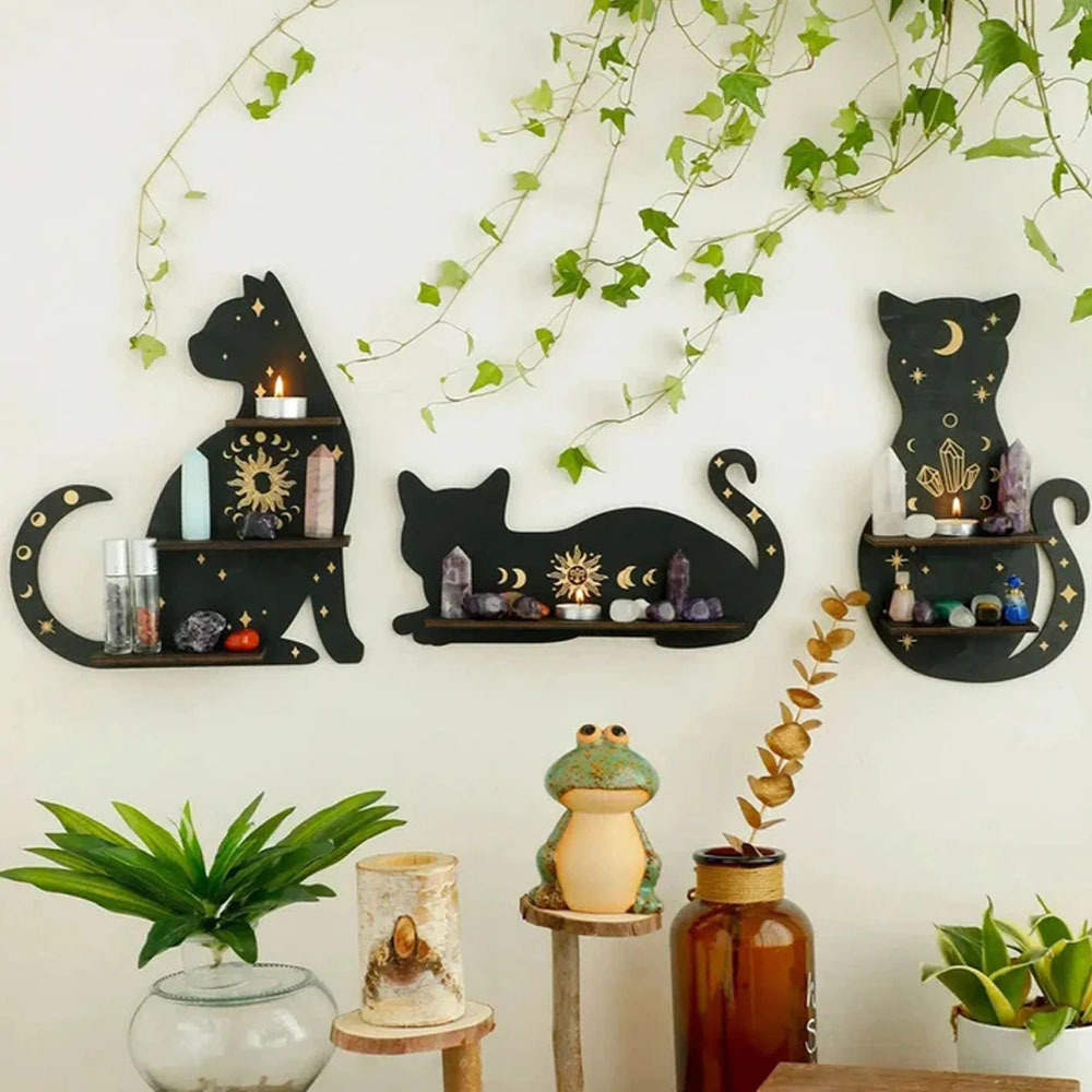 跨境 黑猫木架月相水晶架置物架 家居装饰摆件工艺品储物架