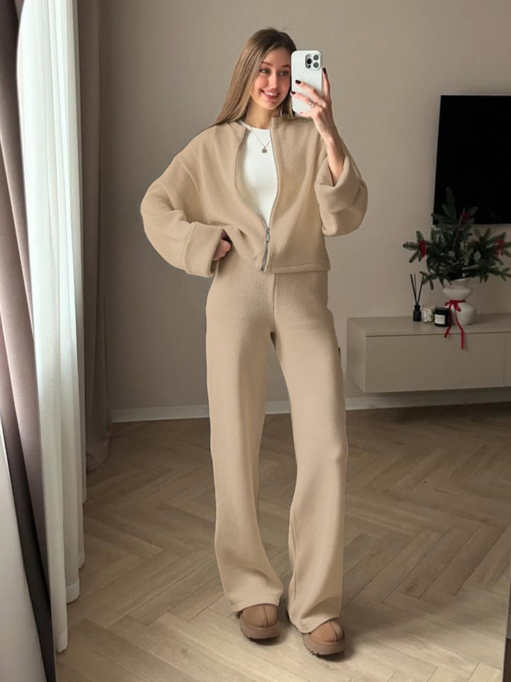 Bộ đồ nữ dệt kim tay dài áo khoác khóa kéo quần ống rộng — mơ, nâu, trắng, xám