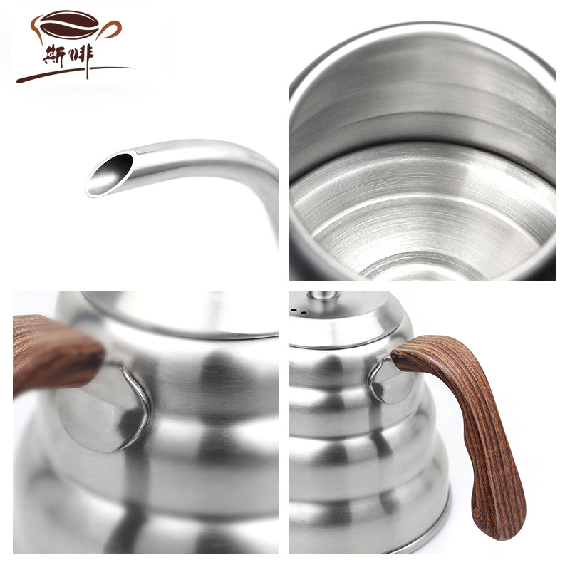 Hervidor de café manual para uso en exteriores, con termómetro, acero inoxidable 304, mango con textura de madera, versión con termómetro. image 4